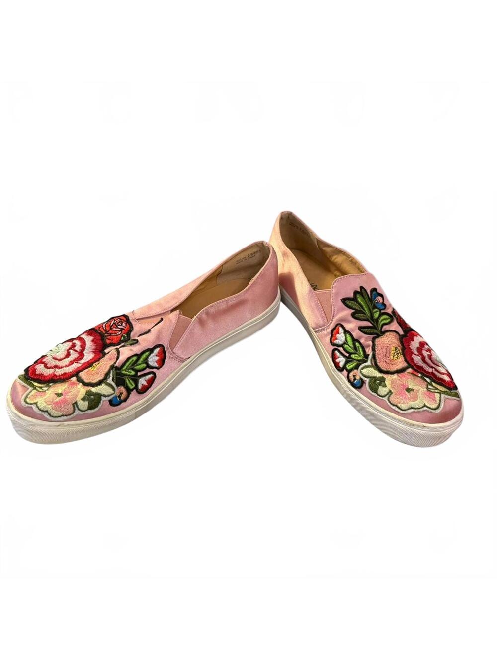 Dirty Laundry Pink Satin Slip-On Shoes with Embroidered Floral Design